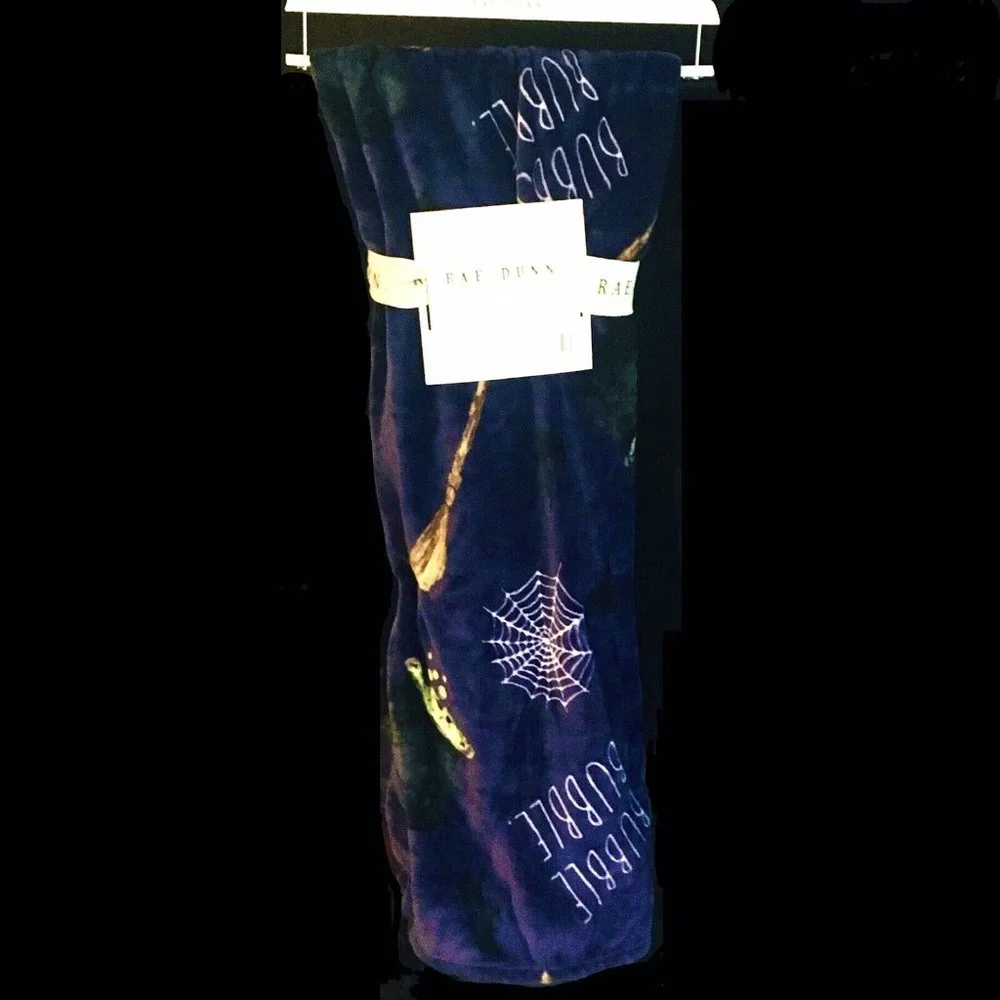 Rae Dunn Halloween BUBBLE BUBBLE TOIL & TROUBLE Throw Blanket Witch Cauldron Web